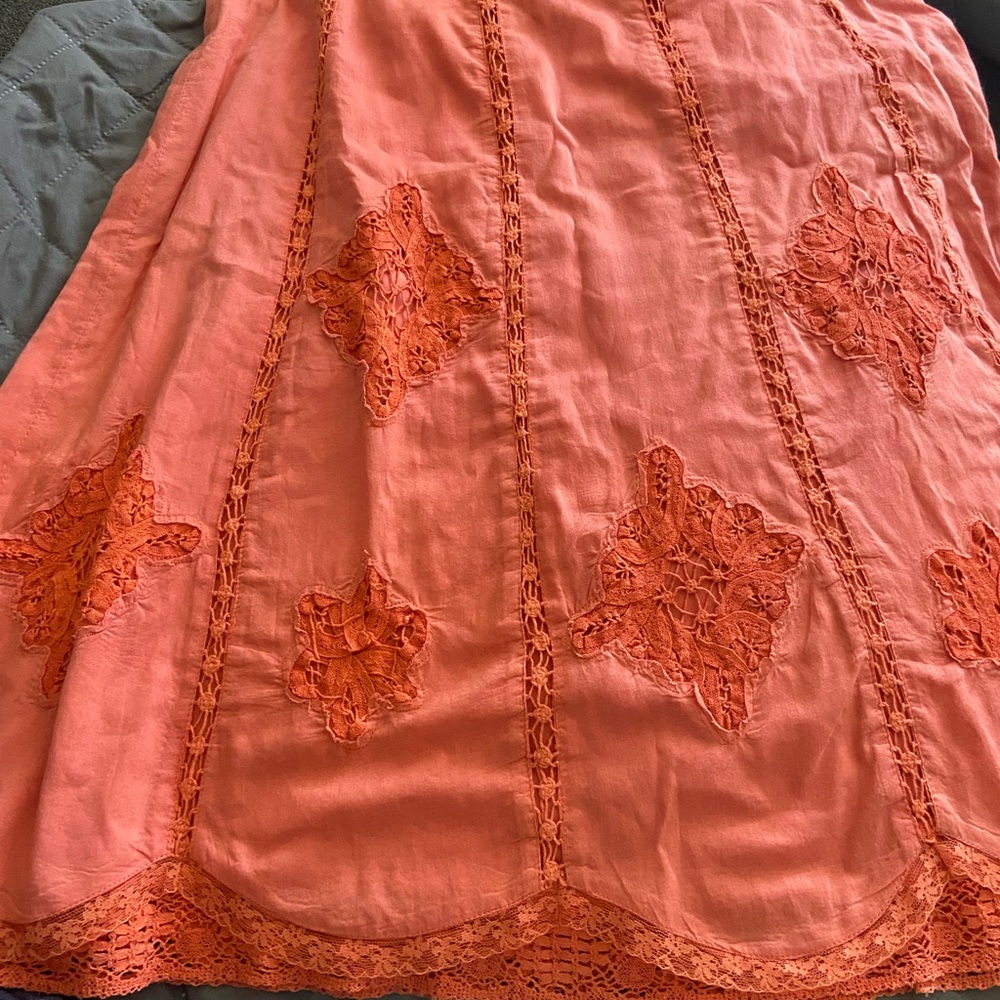 Anthropologie Odile Coral  A-Line Skirt with Lace Insets